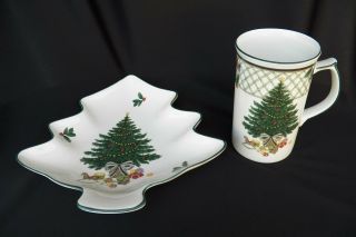 Mikasa Christmas Story Cappuccino Coffee Mug & Tree Shaped Nut Candy Dish Plate
