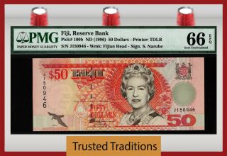 Tt Pk 100b Nd (1996) Fiji Reserve Bank $50 Stunning Reverse Pmg 66 Epq Gem Unc