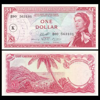 East Caribbean 1 Dollar,  Nd (1965),  P - 13k,  St.  Kitts And Nevis (k),  Unc