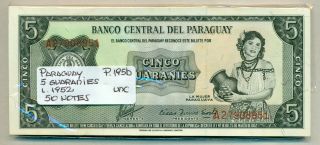 Paraguay Bundle 50 Notes 5 Guaranies Law 1952 P 195b Unc