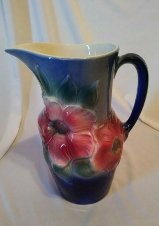 Vintage Royal Copley Cobalt Blue Pink And White Flowers Art Pottery Pitcher