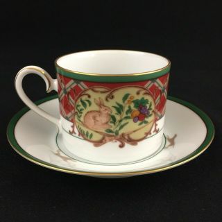 Vtg Cup And Saucer By Noritake Royal Hunt 3930 Green Red Plaid Rabbit Bird Fruit