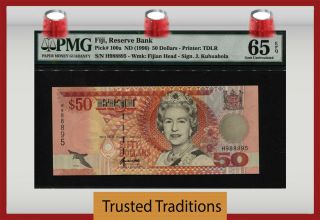 Tt Pk 100a Nd (1996) Fiji Reserve Bank $50 Stunning Reverse Pmg 65 Epq Gem Unc