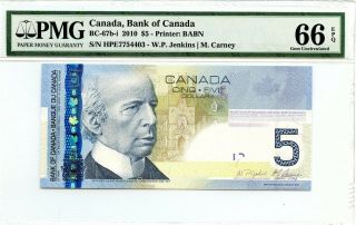 2010 Canada,  Bank Of Canada Pmg Gem Unc 66 Epq Bc - 67b - I Jenkins/carney $5 Note