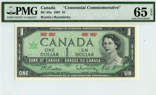 1967 $1 Canada Pmg Gem Unc 65 Centennial Commemorative Bc - 45a Epq Banknote