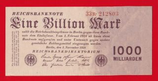 1923 Germany Reichsbanknote 1 Billion Mark Au/unc.