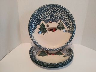 Set Of 4 Dinner Plates Cabin In The Snow By Tienshan Folk Craft Spongeware