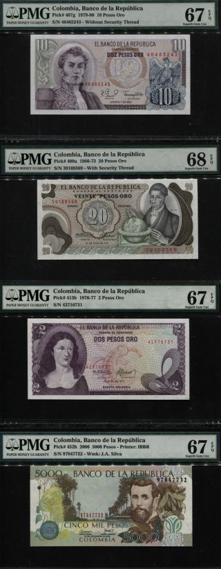 Tt Pk 407g,  409a,  413b,  452h 1966 - 2006 Colombia 2,  10,  20,  5000 Pesos Oro Pmg 68q Set