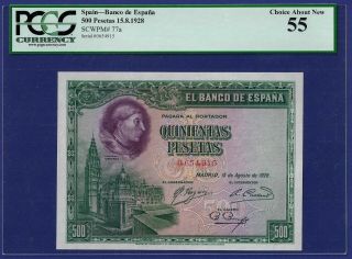 Uncirculated 500 Pesetas 1928 Banknote From Spain.  Pcgs Graded 2 Of 2