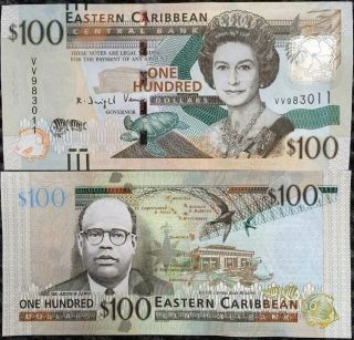 East Caribbean 100 Dollars 2015 P 55 B Security Thread Cricket Mark Unc Nr