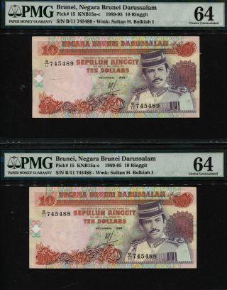 Tt Pk 15 1989 - 95 Brunei 10 Ringgit Sultan H.  Bolkiah I Pmg 64 Seq Set Of Two