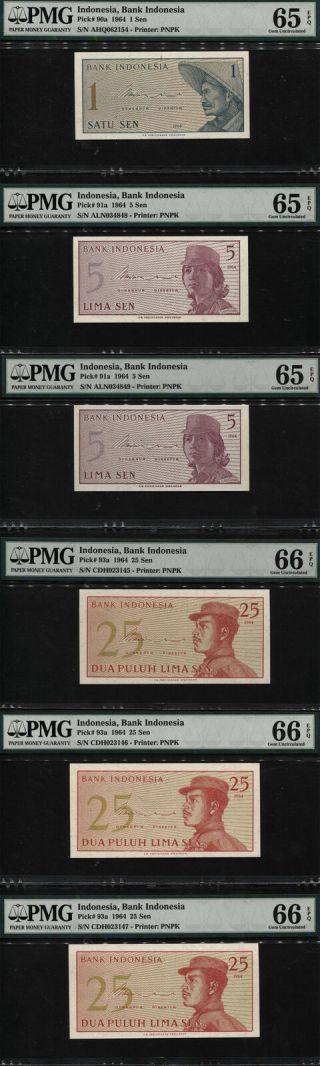 Tt Pk 90a,  91a,  & 93a 1964 Indonesia 1,  5,  & 25 Sen Pmg 66 Epq Gem Unc Set Of 6