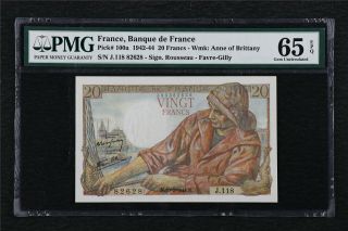 1942 - 44 France Banque De France 20 Francs Pick 100a Pmg 65 Epq Gem Unc