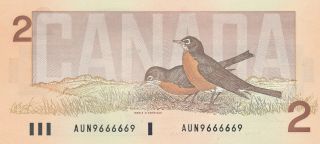 Bank Of Canada 2 Dollars 1986 Aun9666669 2 Digit Radar Note - Unc