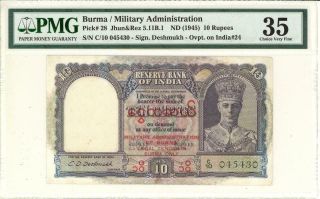 Burma 10 Rupees Military Banknote O/p India 1945 Pmg 35 Choice Vf