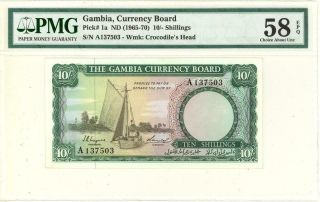 Gambia 10 Shillings Currency Banknote 1965 Pmg Epq 58 Au