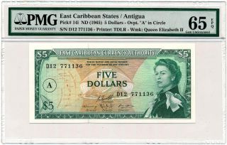East Caribbean States - Antigua - 5 Dollars 1965 P14i Pmg Gem Unc 65 Epq
