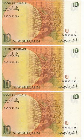 Bank Of Israel 1987 10 Nis Note P53b Golda Meir,  Crisp,  Unc 3 Consecutive Notes