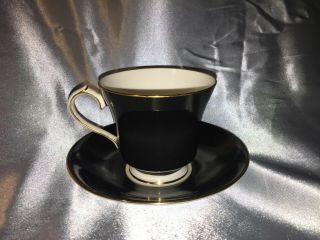 An Elegant Aynsley Black With Pink Rose Teacup And Saucer