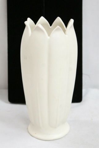 Arts Crafts Padre Matte White Speared Leaves Lotus Art Pottery Vase 2