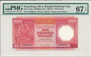 Hong Kong Bank Hong Kong $100 1987 Pmg 67epq