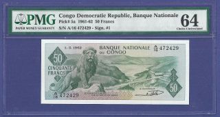 Uncirculated 50 Francs 1962 Banknote From Congo Pmg Graded