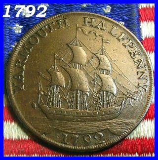 1792 Yarmouth Man O War Ship Half Penny Conder Token Colonial Old Copper Coin
