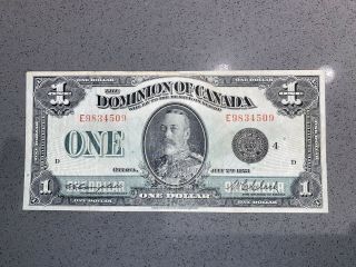 1923 Dominion Of Canada $1 Banknote Black Seal Group 4 Series E Bill