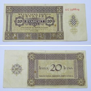 1944 Wwii Croatia Ndh 20 Kuna Vintage Banknote Paper Money