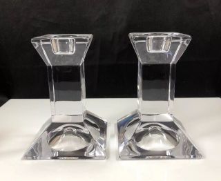 Villeroy & Boch Set Of 2 Square Clear Crystal Candle Stick Holders 4” Signed