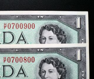 1954 Bank Of Canada $1 Dollar Set Of 2 Notes H/f 0700800 - 900 Bc - 37b - I (unc)