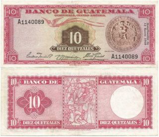 1960 Banco De Guatemala Crispy Lightly Circulated Diez Or 10 Quetzales Note