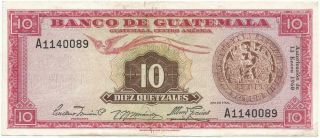 1960 BANCO de GUATEMALA CRISPY Lightly Circulated DIEZ or 10 QUETZALES Note 2