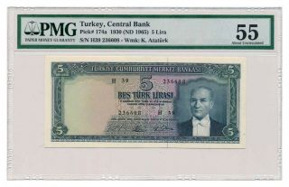Turkey Banknote 5 Lira 1965.  Pmg Au - 55
