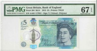2015 Great Britain England 5 Pounds P - 394 Prefix " Aa01 " Pmg 67 Epq Gem Unc
