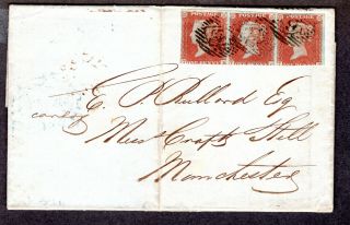 1850 Great Britain - Penny Red (scott 3) Strip Of 3 On Cover / Folded Letter