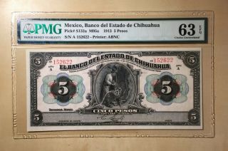 Mexico Banco Del Estado De Chihuahua 5 Pesos Pick S132a 1913 Pmg 63 Epq A152622
