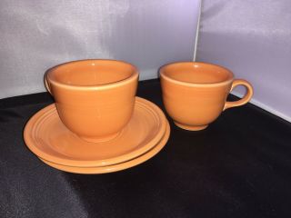Fiestaware Orange / Tangerine Teacup & Saucer Set Of Two Saucers And Two Cups
