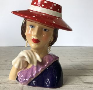 Lady Head Vase Polka Dots Red Hat White Gloves Dangle Earrings Purple Dress