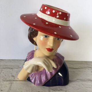 Lady Head Vase Polka Dots Red Hat White Gloves Dangle Earrings Purple Dress 2