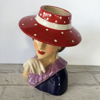 Lady Head Vase Polka Dots Red Hat White Gloves Dangle Earrings Purple Dress 3