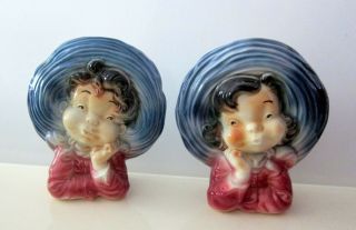Two Vintage Royal Copley Oriental Wall Pockets Girl Planters Vases Headvases