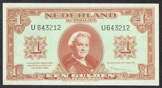 Netherlands 1 Gulden 1945 Au/unc Muntbiljet Queen Wilhelmina Tdlr P70