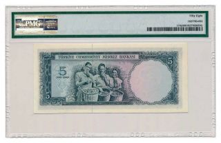 TURKEY banknote 5 LIRA 1965.  PMG AU - 58 2