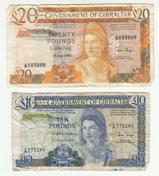 Gibraltar 10,  20 Pounds 1986 Circ.  P22b,  P23c Qeii @