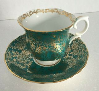 Crown Staffordshire Tea Cup & Saucer Emerald Gold Fine Bone China England