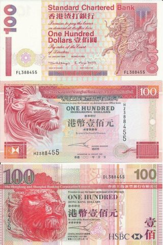 Standard Chartered Bk/hk Bank$100 1999,  2001,  2003 Same S/no 388455 Diff.  Types 3