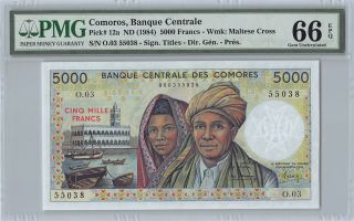 Comoros Nd (1984) P - 12a Pmg Gem Unc 66 Epq 5000 Francs