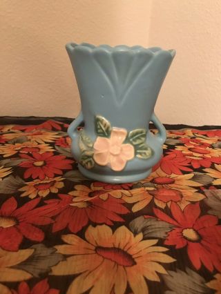 Vintage Weller Art Pottery Blue 5 1/2 In Vase With White Apple Blossoms Handles