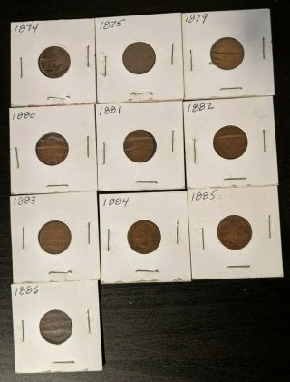 10 Indian Head Pennies 1c Cent 1874 1875 1879 1880 1881 1882 1883 1884 1885 1886